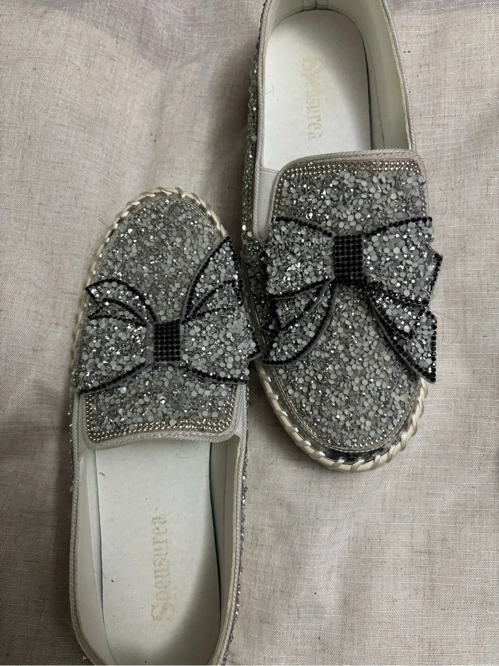 Women’s Silver Glitter Bow Slip-On Loafers